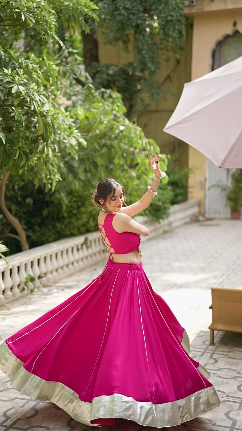 Womenline Pink Color Rayon Lehenga and Gamthi Work Blouse for Navratri