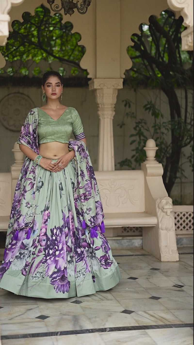 Womenline Green Color burst of color in a floral print lehenga
