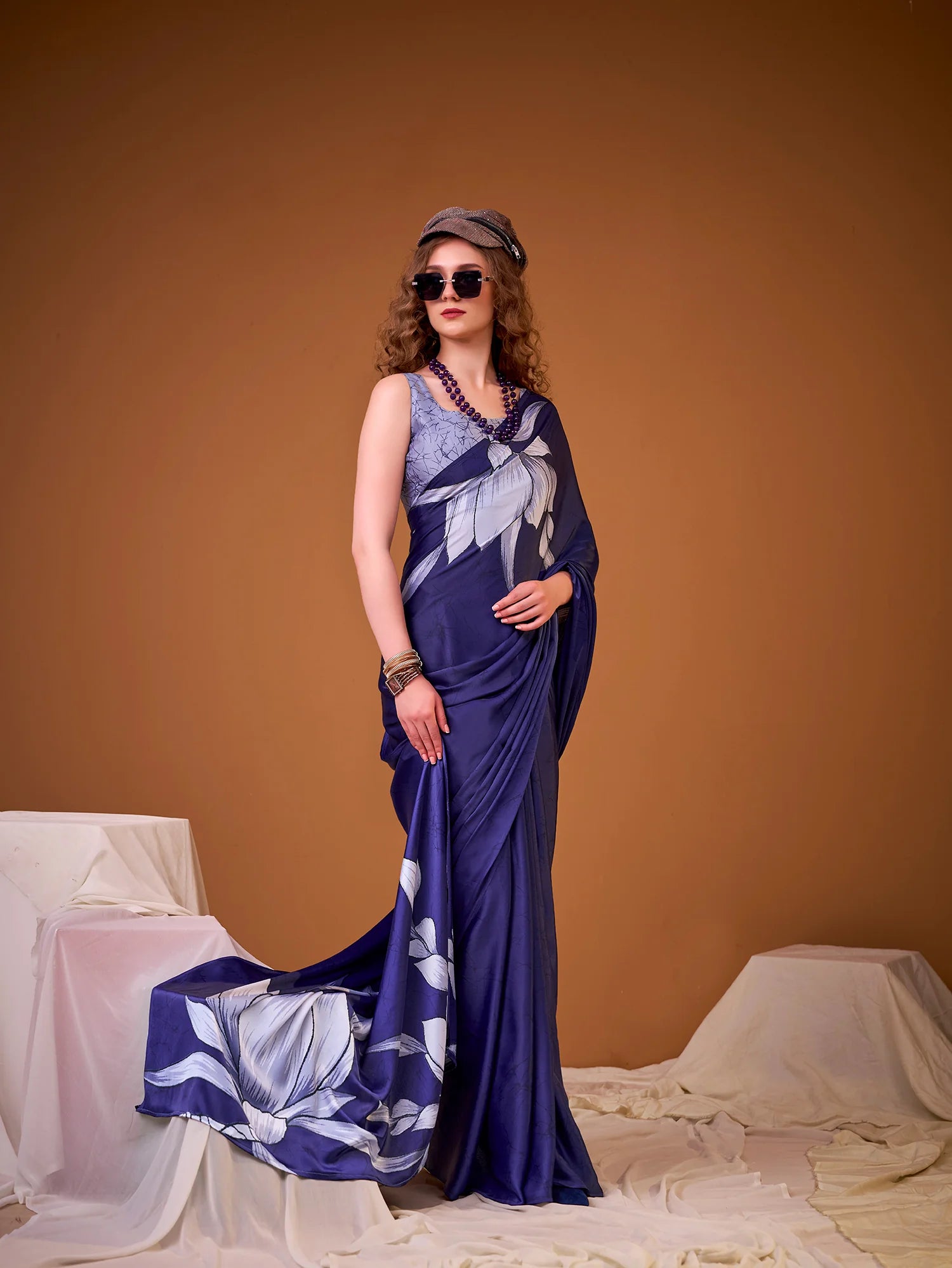 Womenline Navy Blue Color Foral Printed Satin Silk Saree