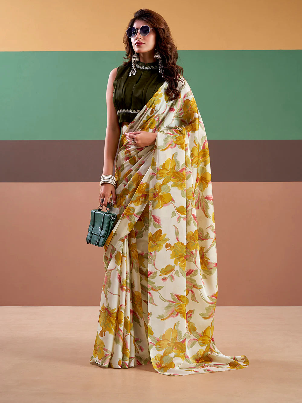 Womenline Yellow Color Floral Print Satin Silk Saree