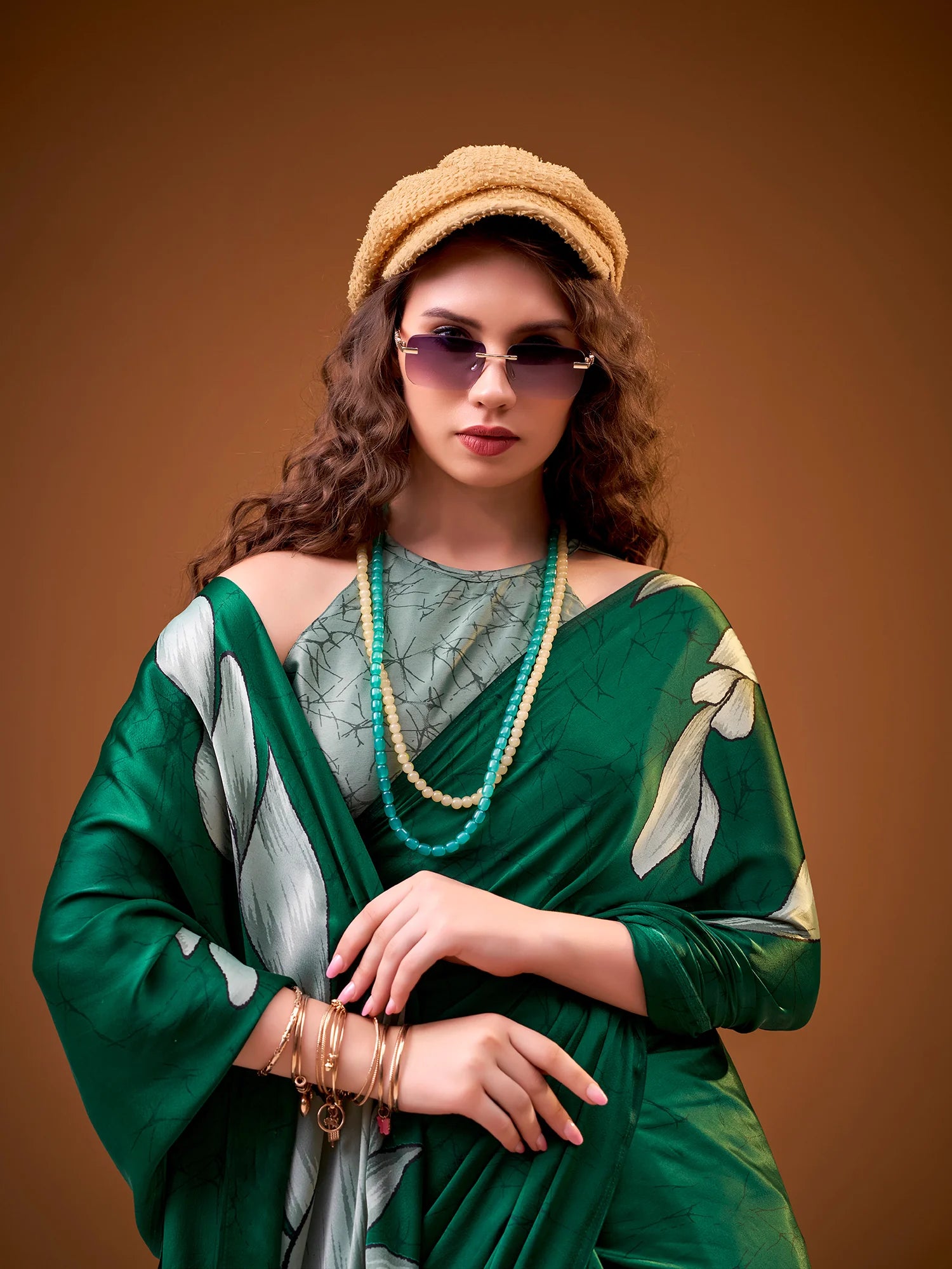 Womenline Green Color Floral Print Satin Silk Saree