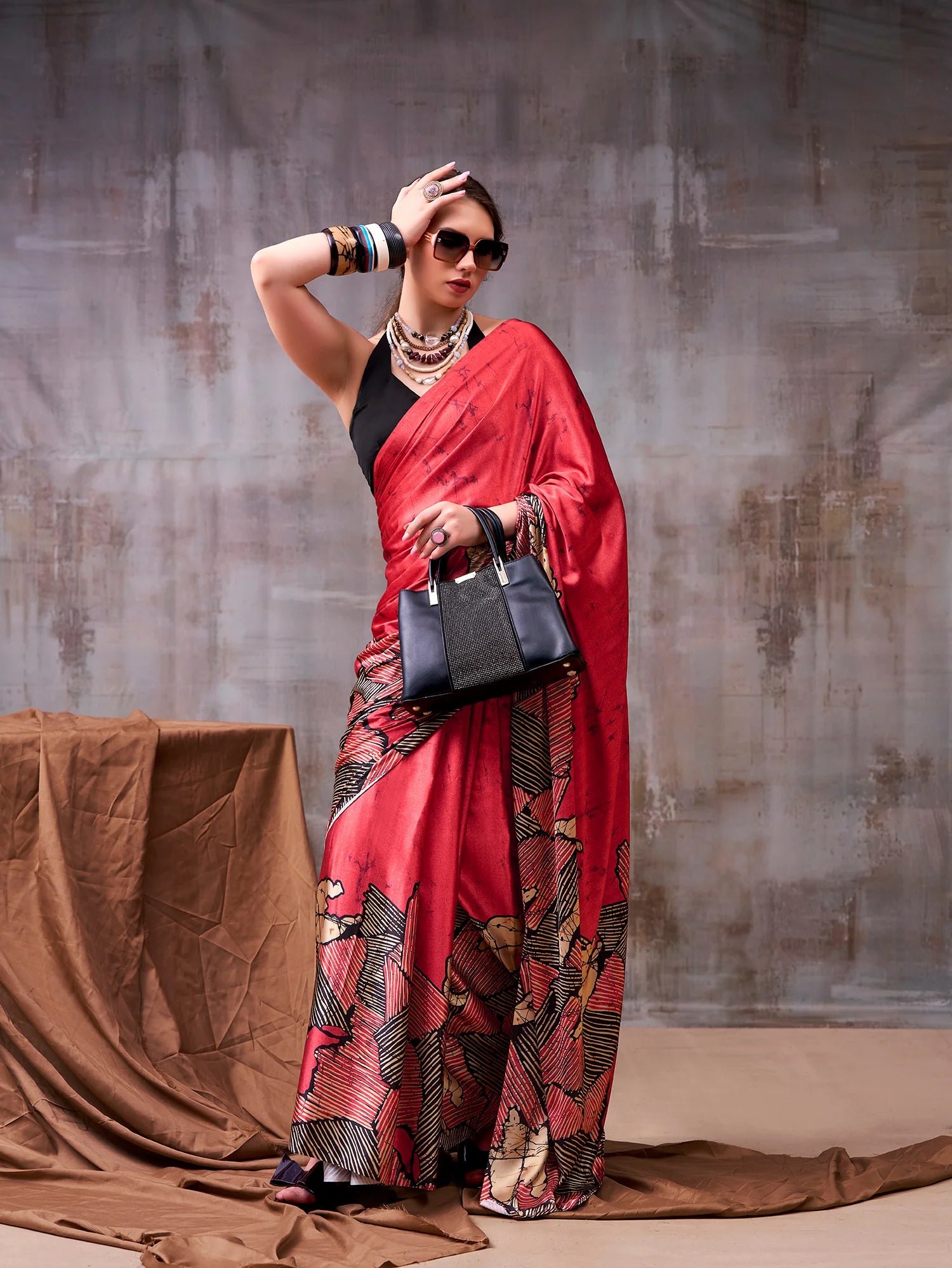 Womenline Red Color Satin Silk Saree