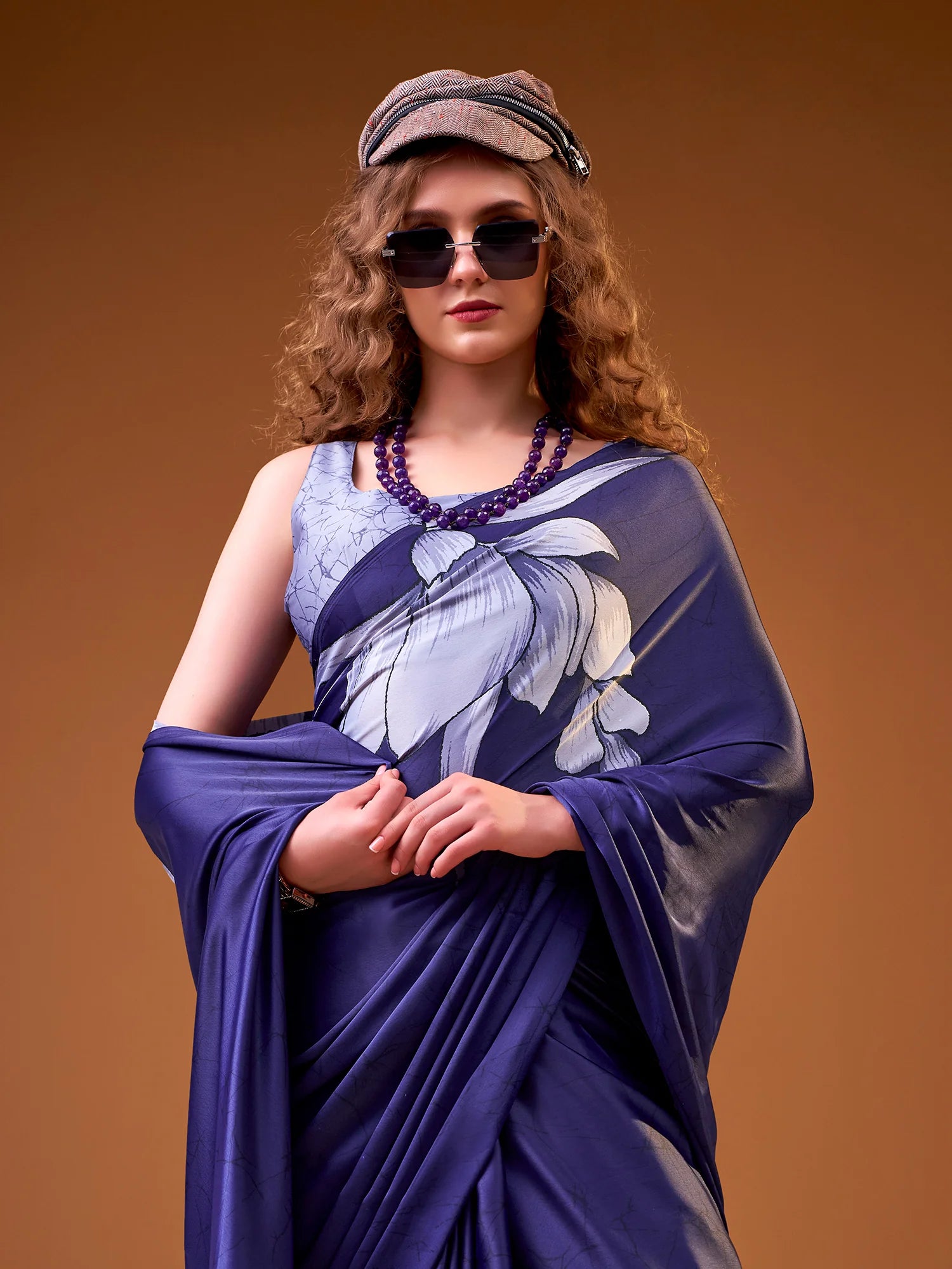 Womenline Navy Blue Color Foral Printed Satin Silk Saree