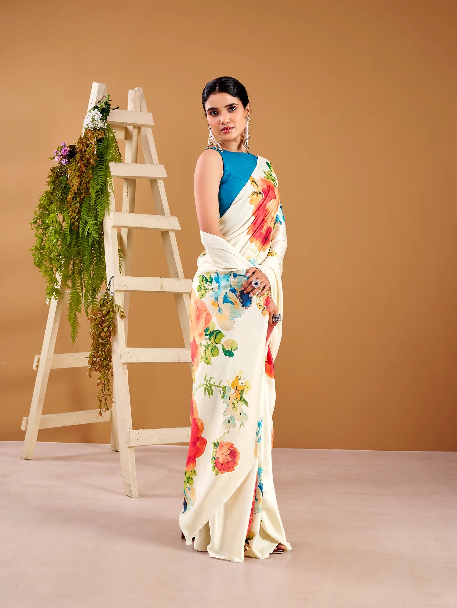 Womenline Cream Color Floral Print Satin Silk Saree