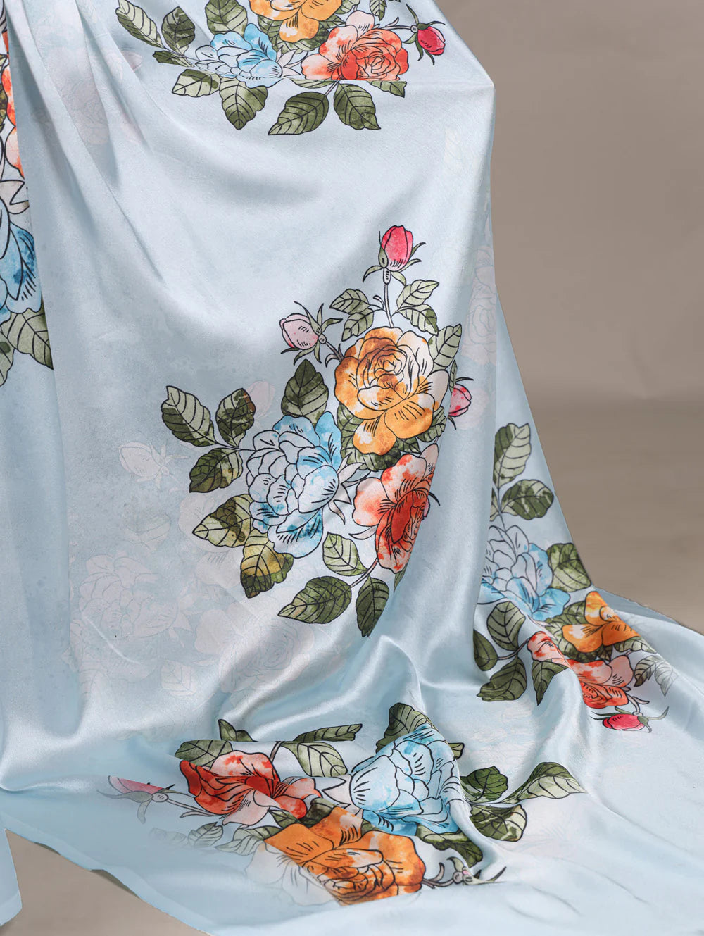 Womenline Sky Blue Color Printed Satin Silk Saree
