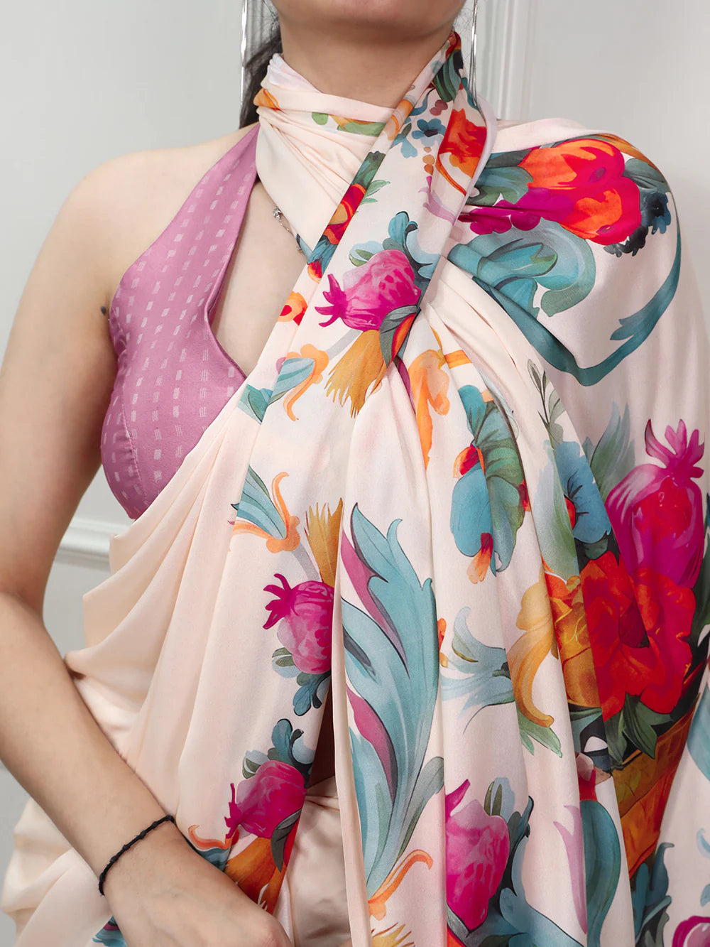 Womenline Cream Color Casual Wear Satin Silk Saree