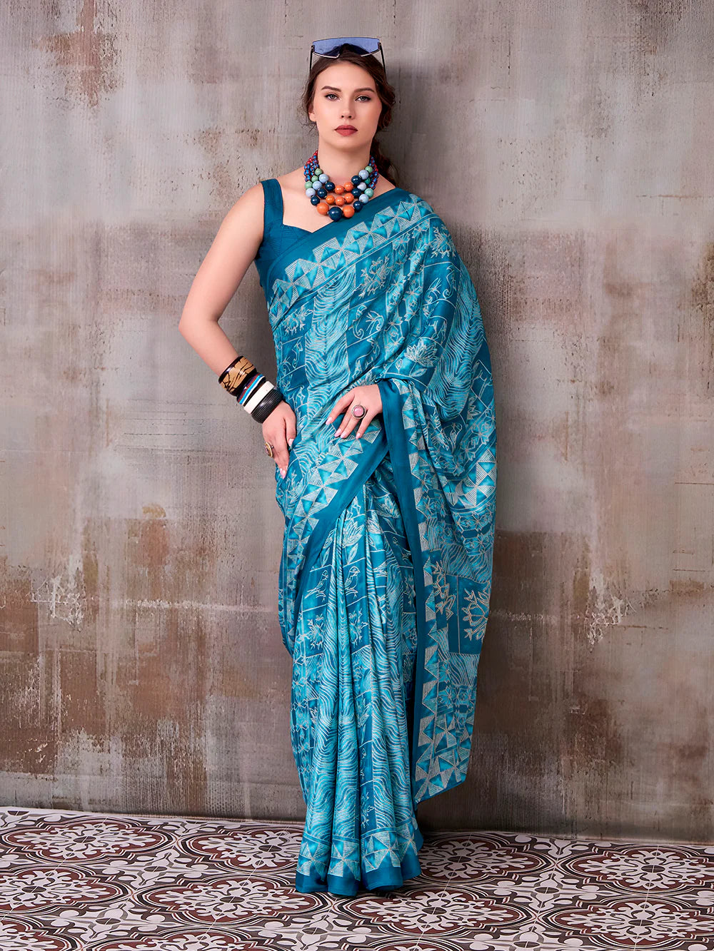 Womenline Sky Blue Color Satin Silk Saree