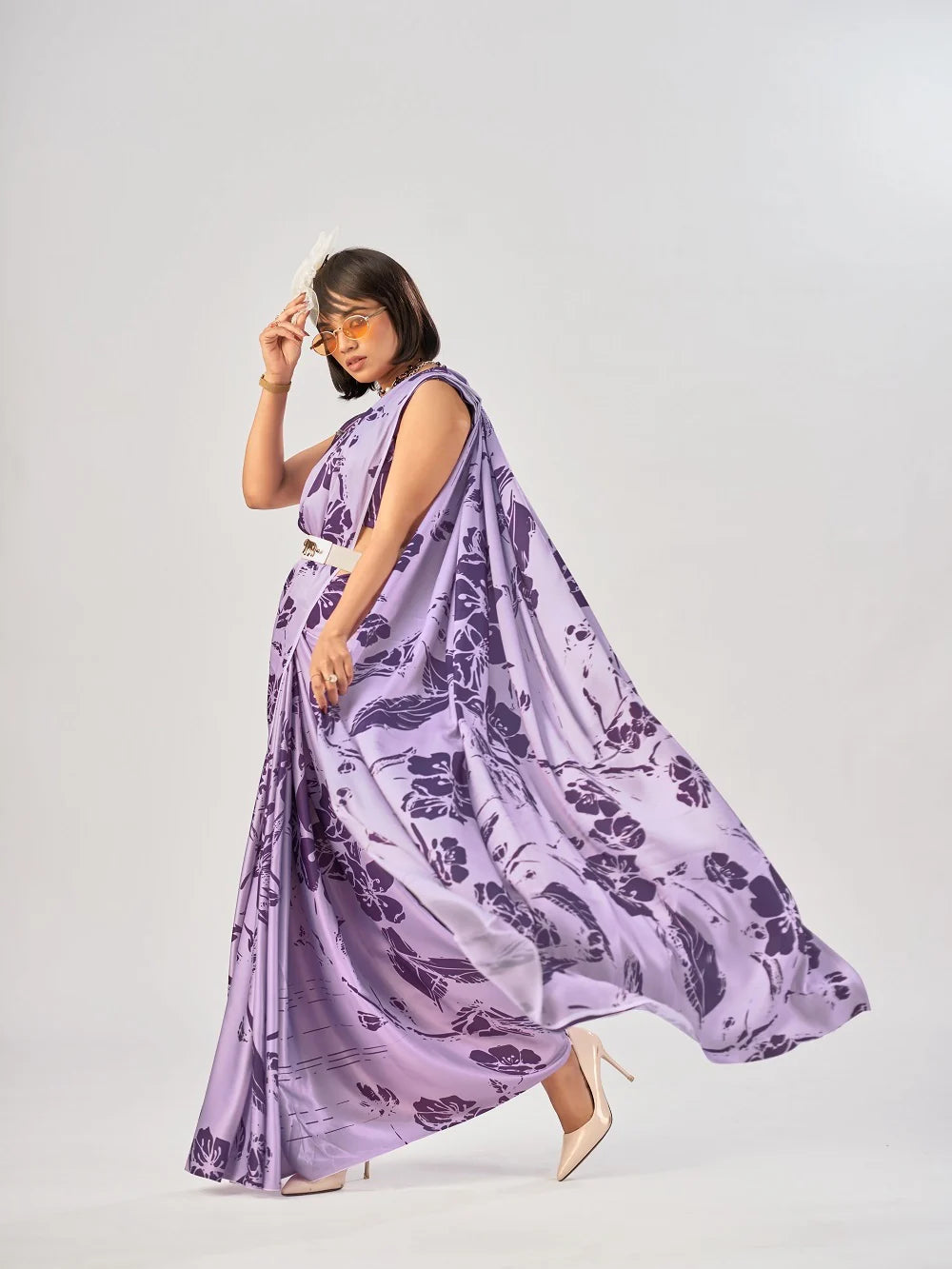 Womenline Lavendar Color Satin Silk Saree