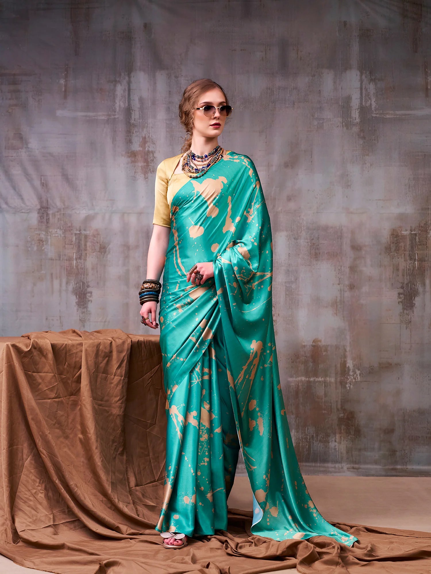 Womenline Sea Green Color Satin Silk Saree