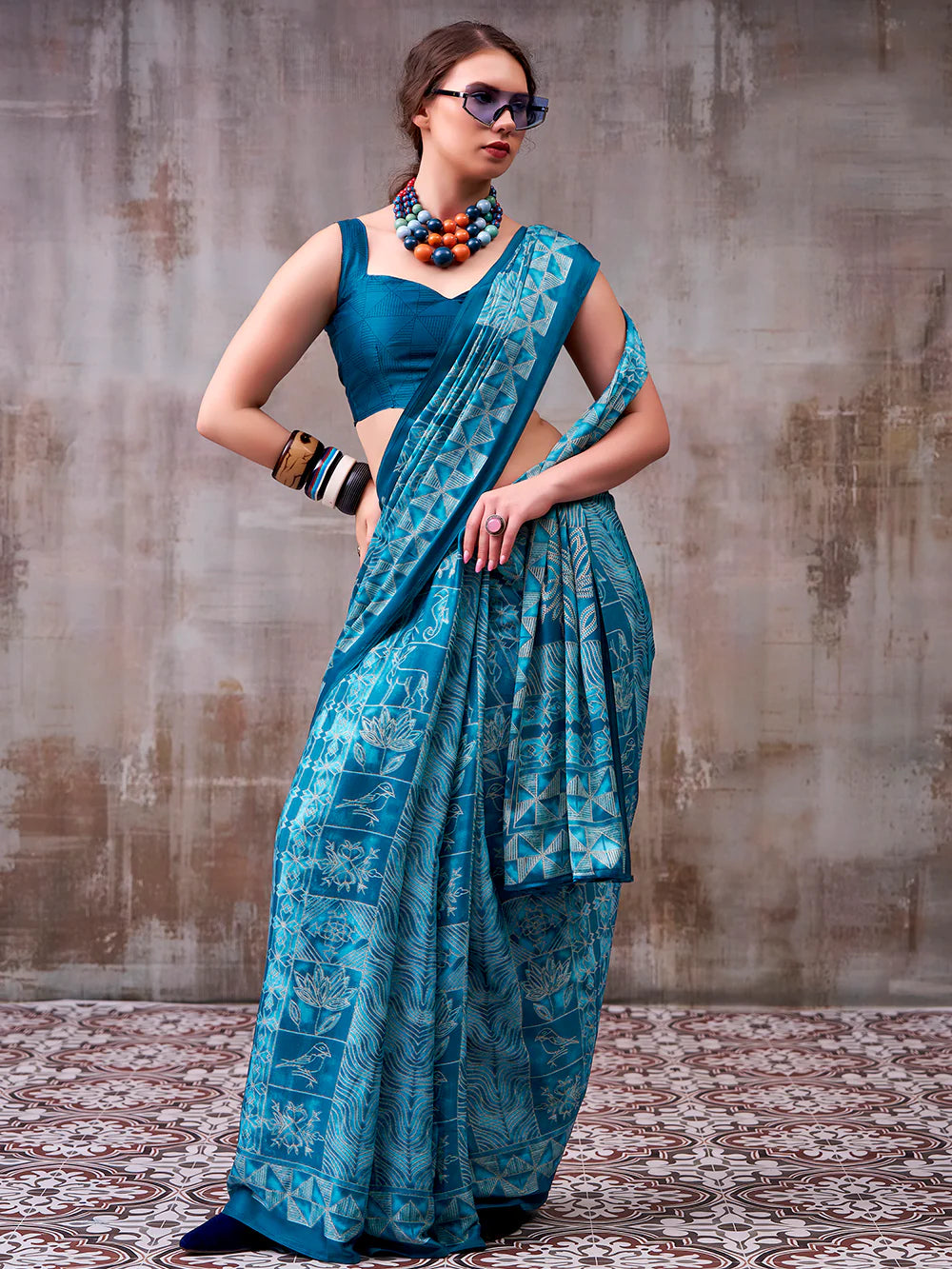 Womenline Sky Blue Color Satin Silk Saree