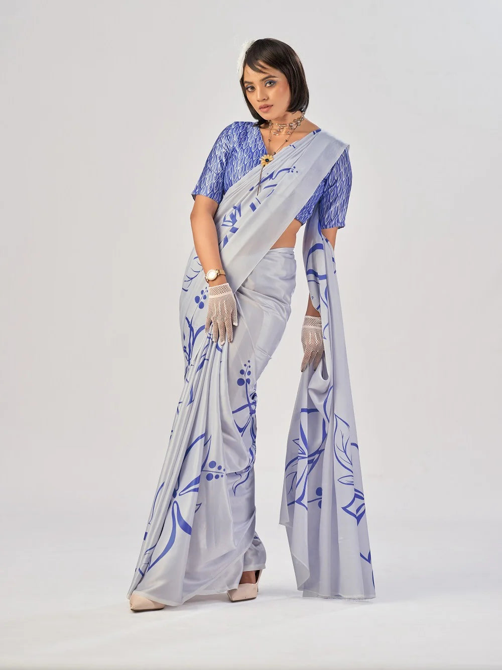 Womenline Sky Blue Color Satin Silk Saree