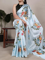 Womenline Sky Blue Color Printed Satin Silk Saree