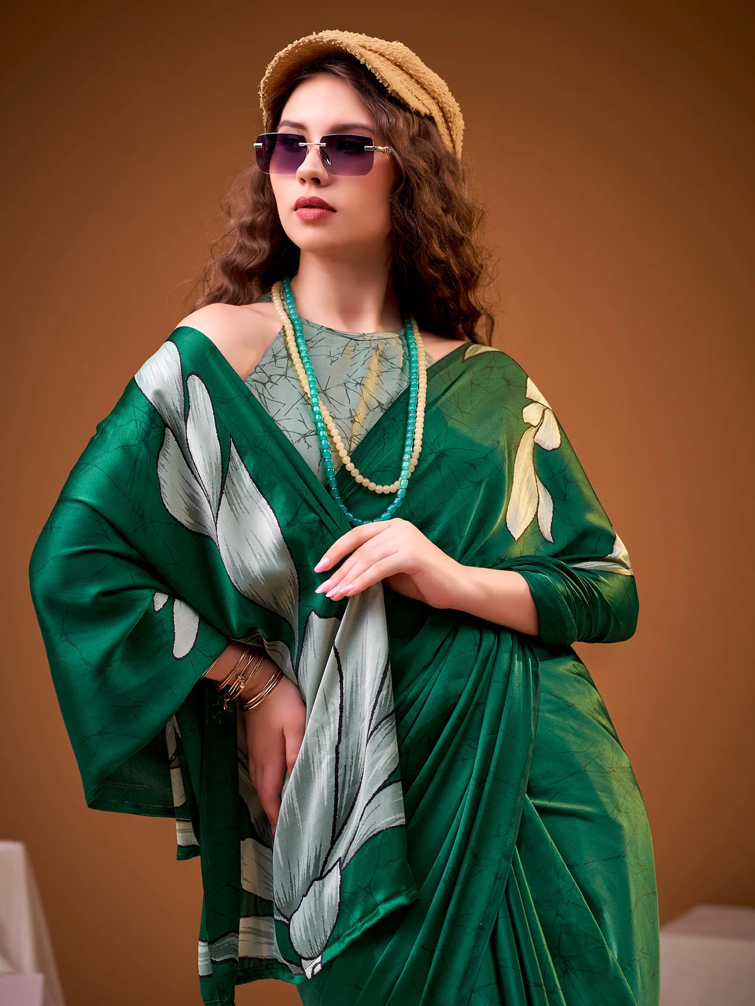 Womenline Green Color Floral Print Satin Silk Saree