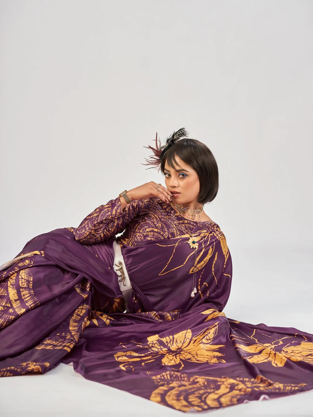 Womenline Wine Color Satin Silk Saree