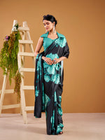 Womenline Teal Color Floral Print Satin Silk Saree