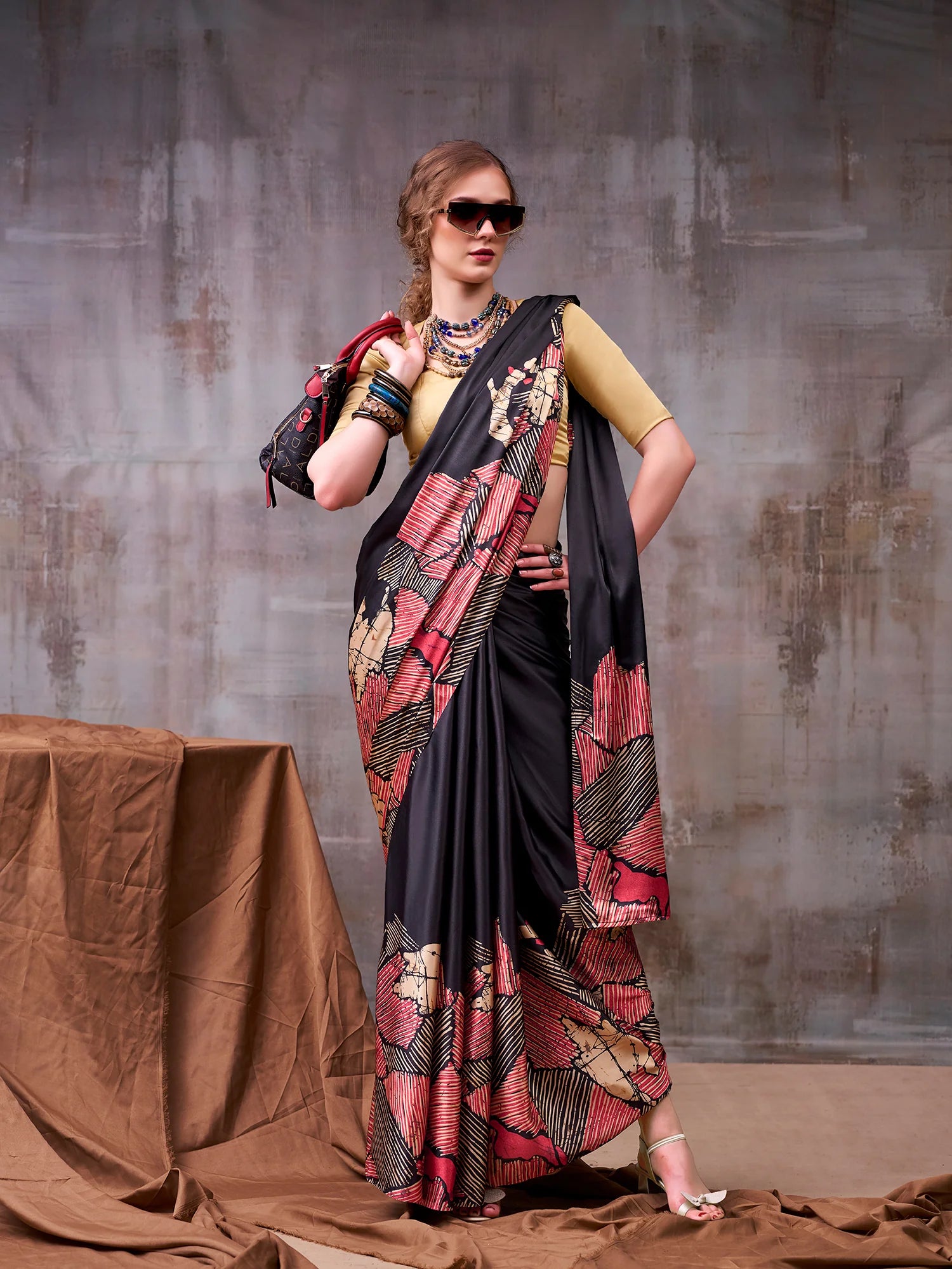Womenline Black Color Printed Satin Saree