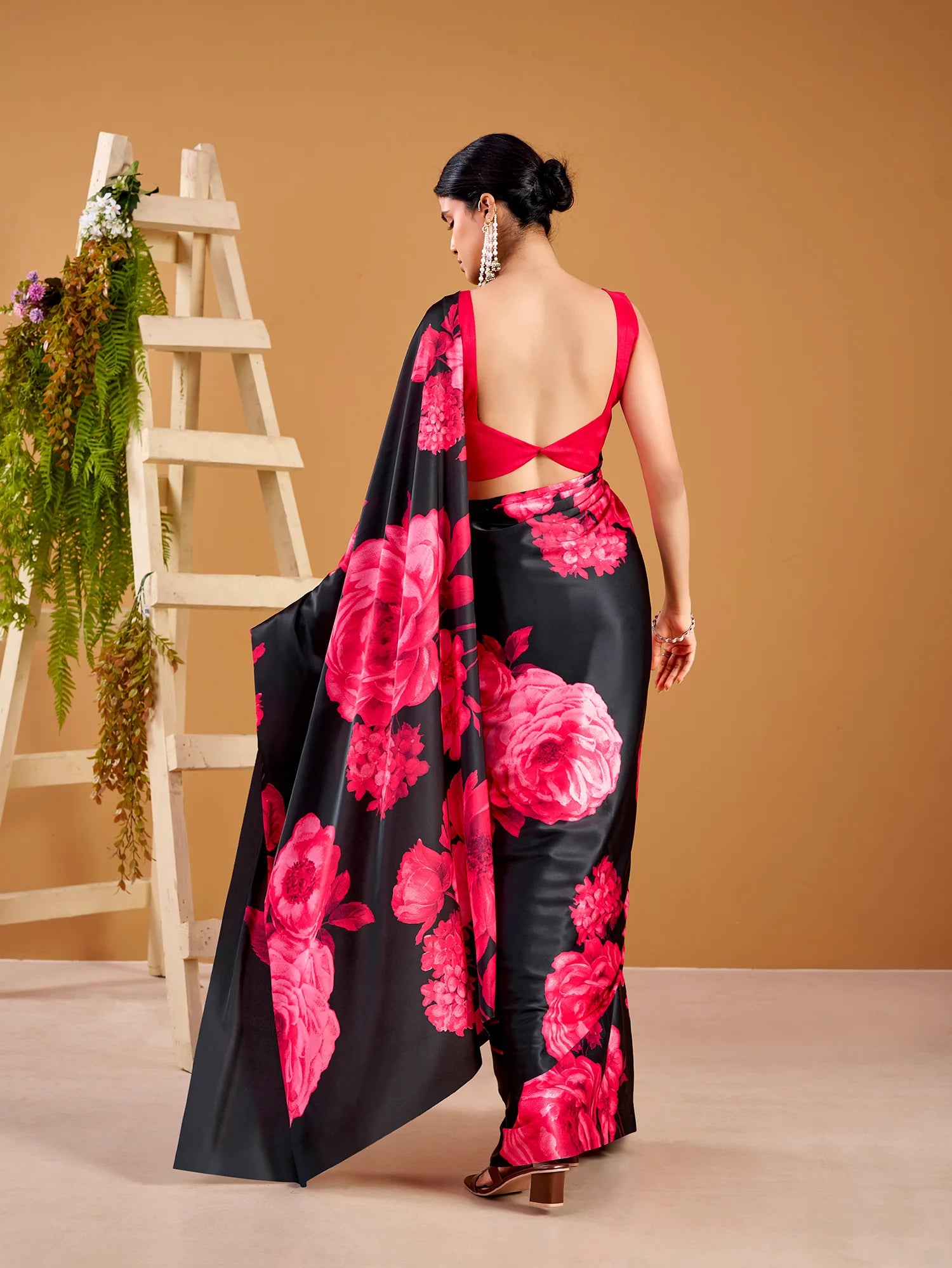 Womenline Pink Color Floral Print satin Silk Saree