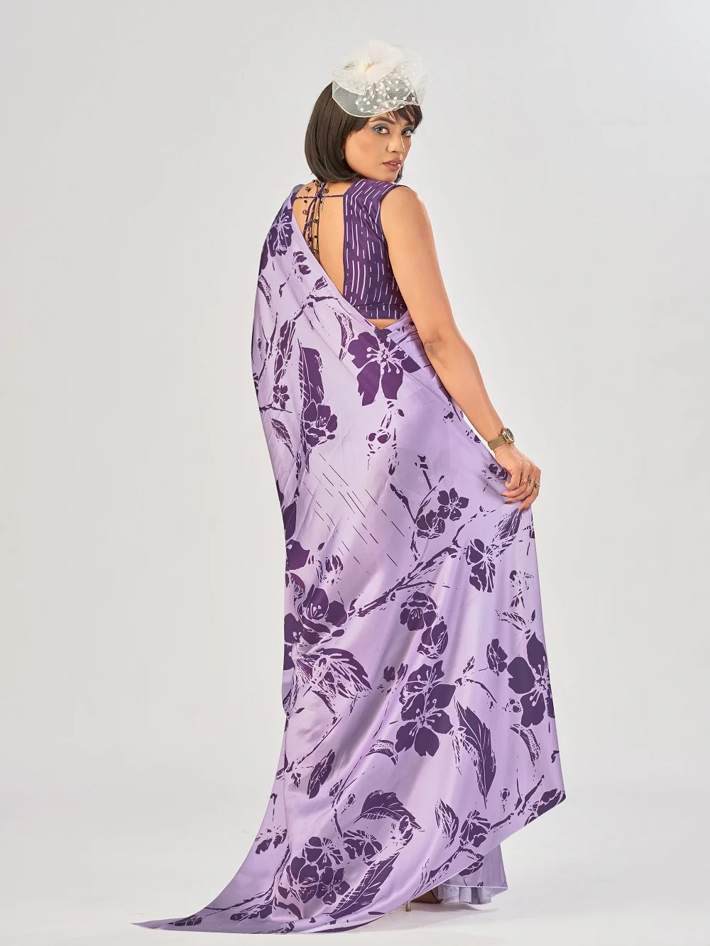 Womenline Lavendar Color Satin Silk Saree