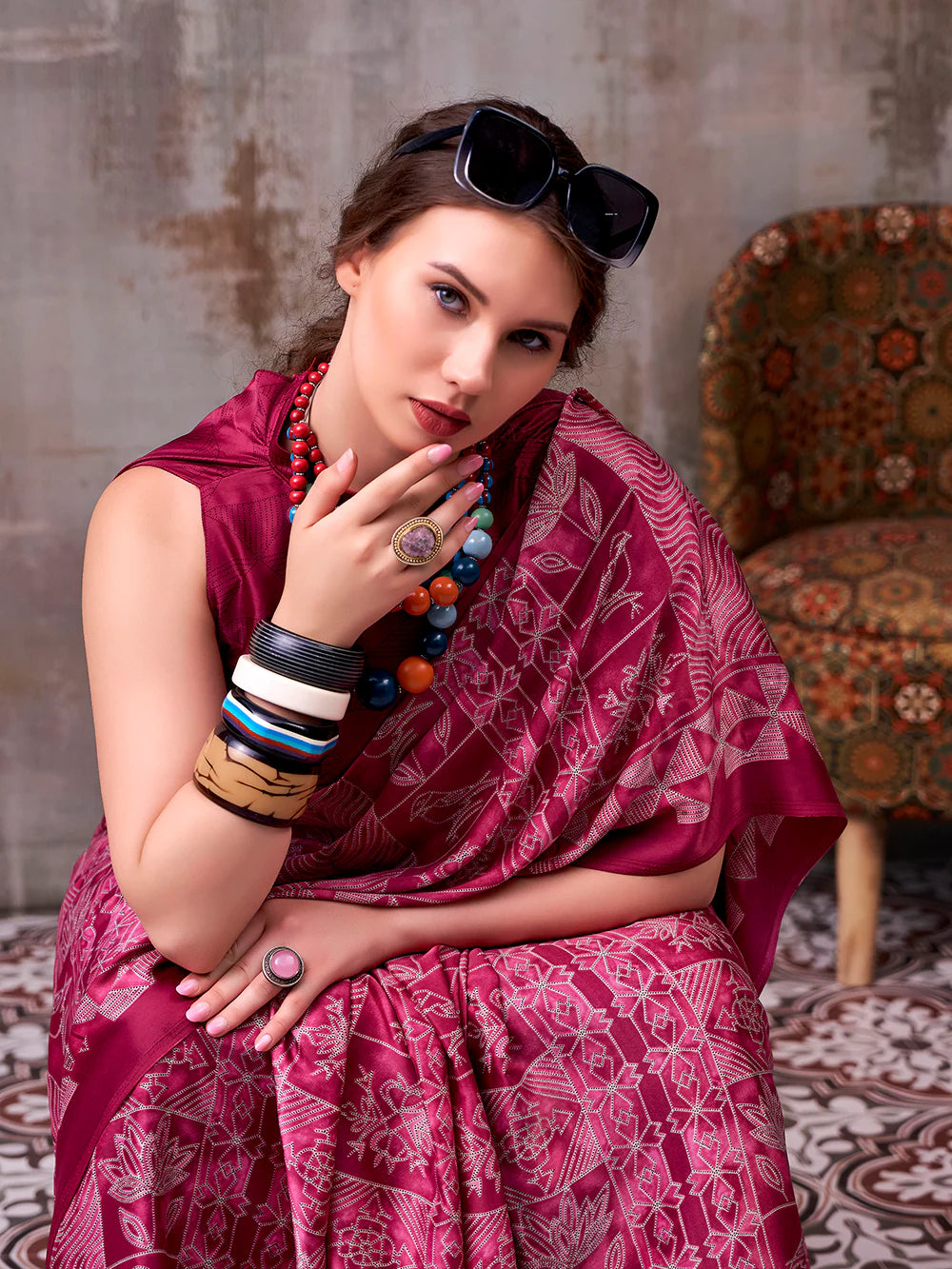 Womenline Magenta Pink Color Satin silk Saree