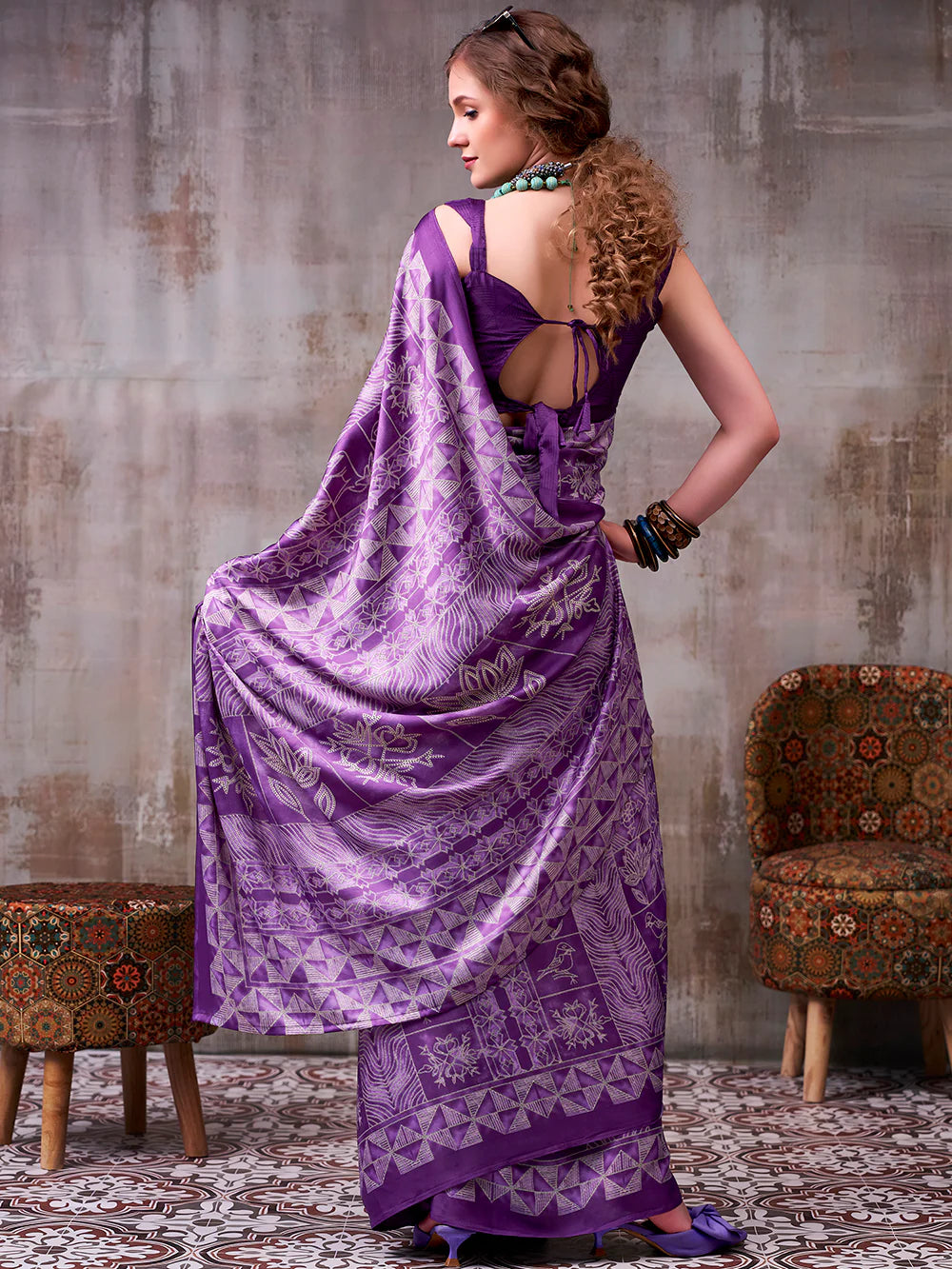 Womenline Lavendar Color Satin Silk Saree