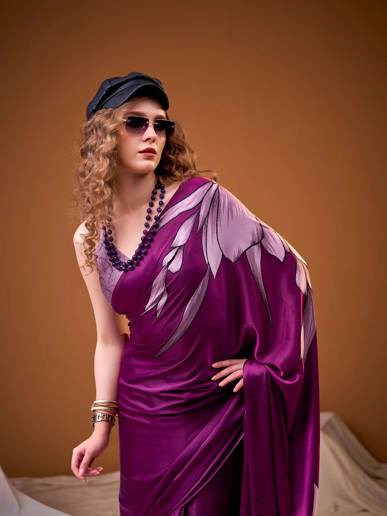 Womenline Magenta Color Floral Prined satin Silk Saree