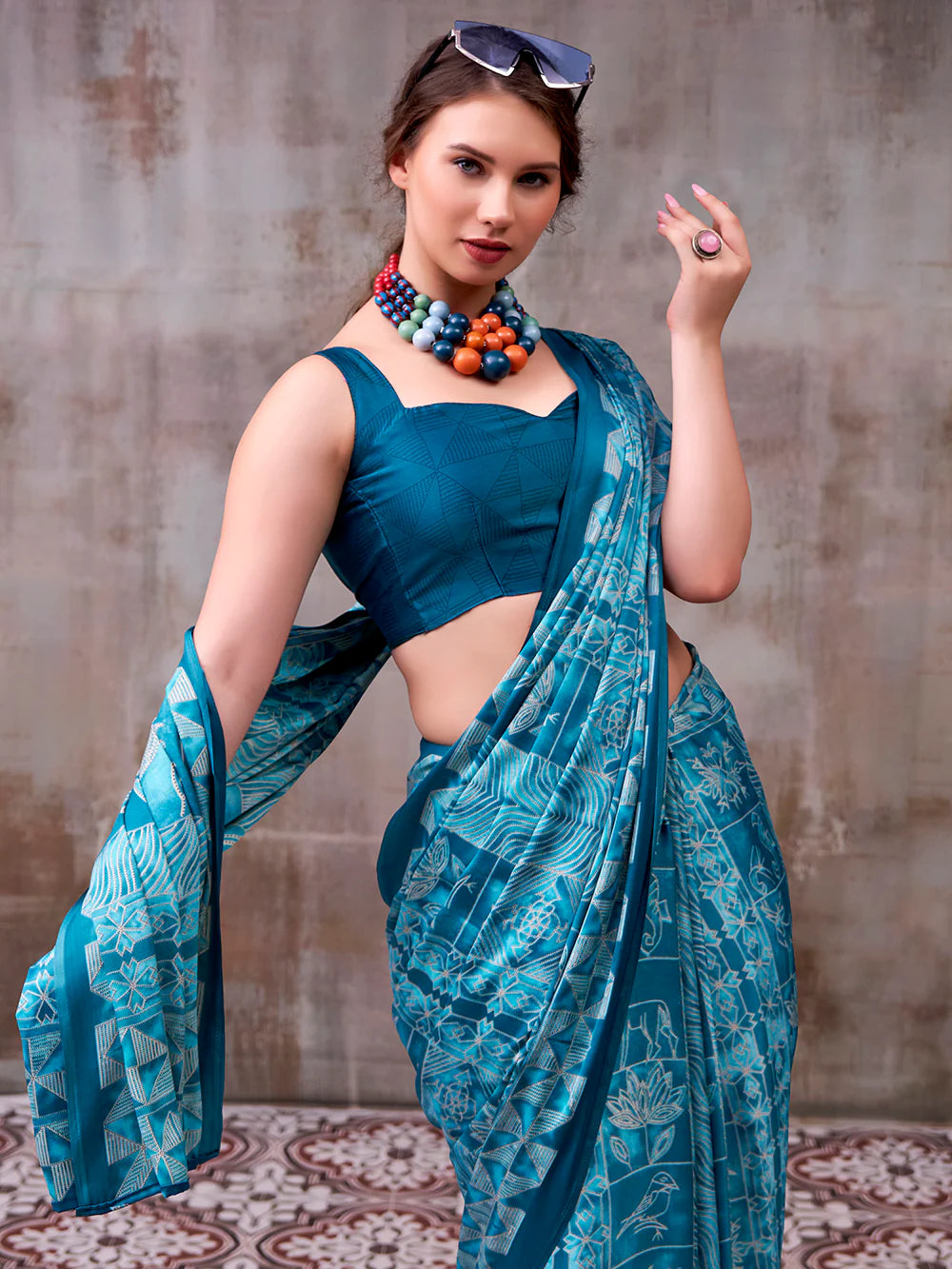 Womenline Sky Blue Color Satin Silk Saree