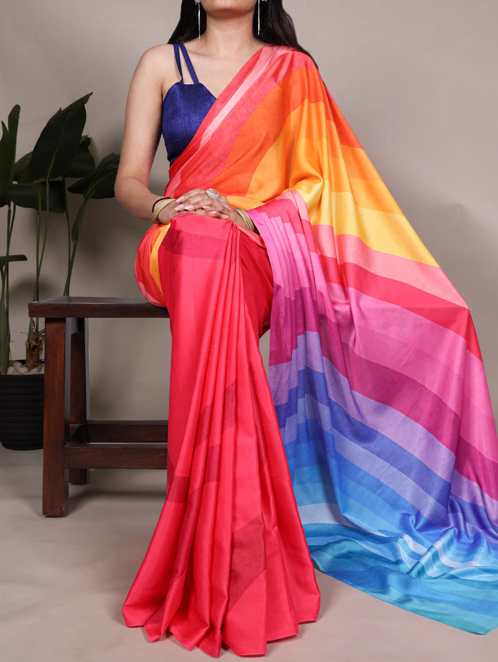 Womenline Multicolor Printed Satin Silk Saree