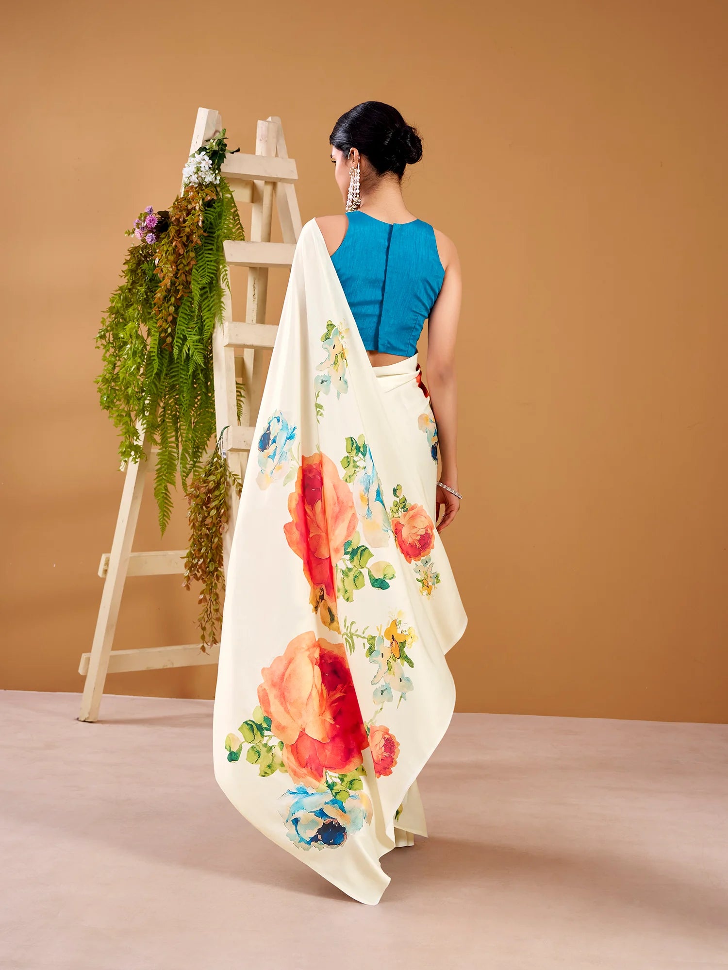 Womenline Cream Color Floral Print Satin Silk Saree