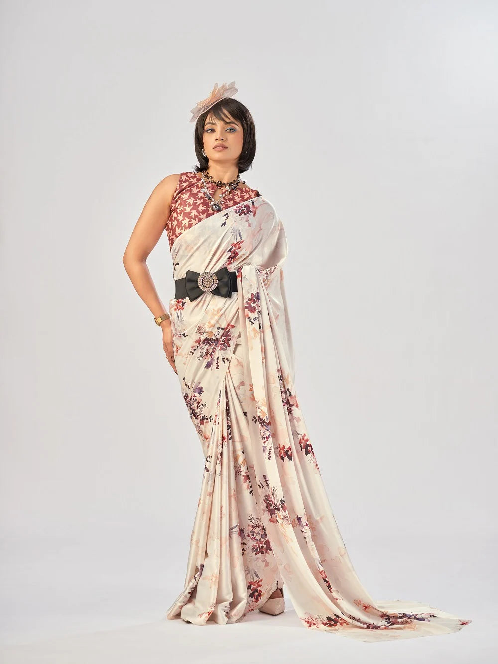Womenline Cream Color Satin Silk Saree