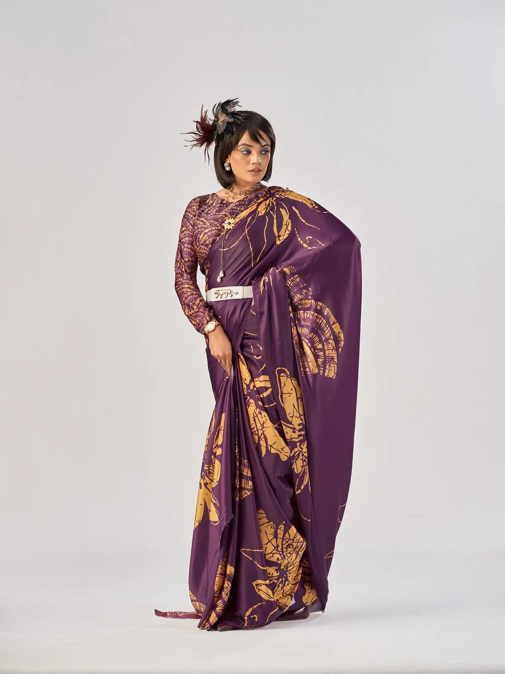 Womenline Wine Color Satin Silk Saree
