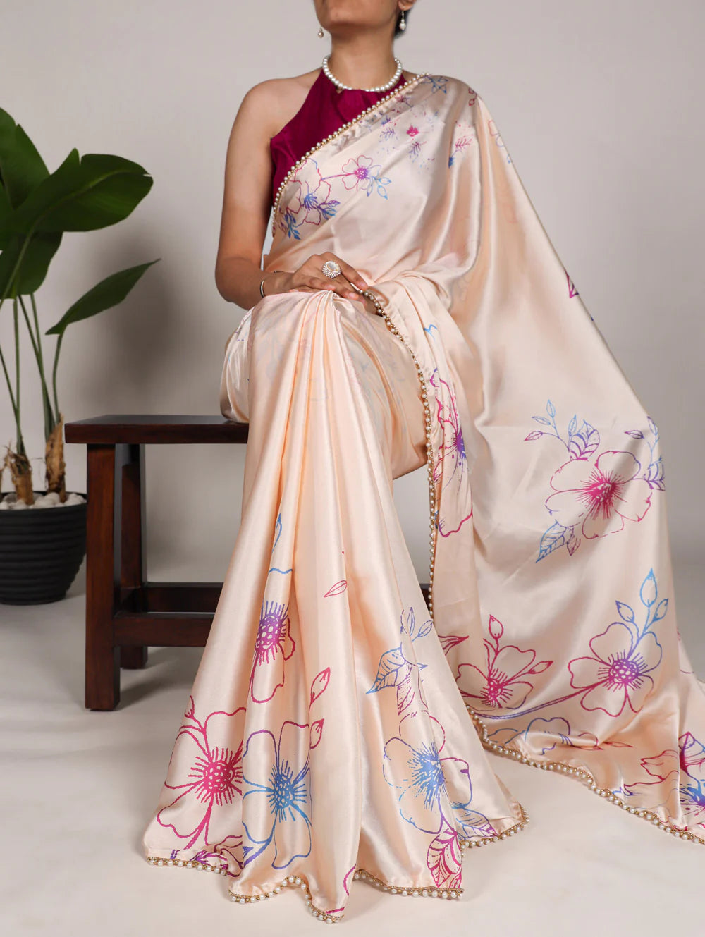 Womenline Elegant Cream Color Satin Silk Saree