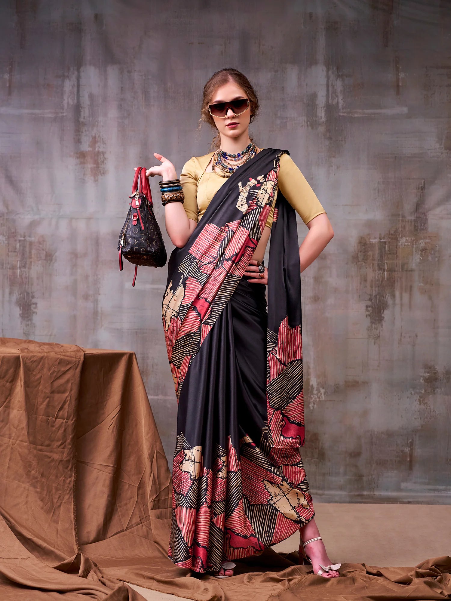 Womenline Black Color Printed Satin Saree