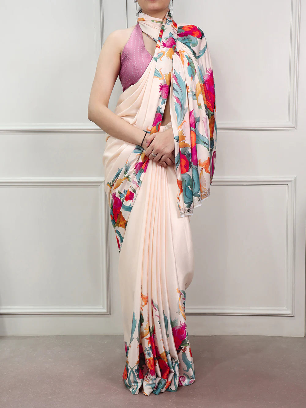 Womenline Cream Color Casual Wear Satin Silk Saree