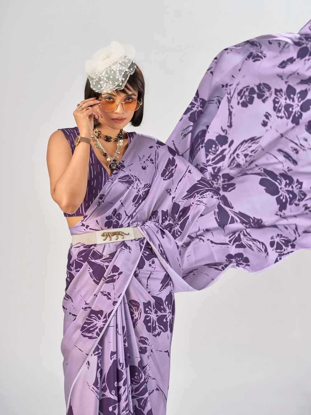 Womenline Lavendar Color Satin Silk Saree