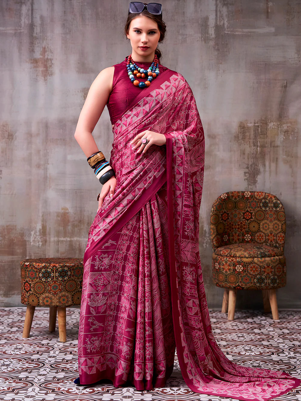 Womenline Magenta Pink Color Satin silk Saree
