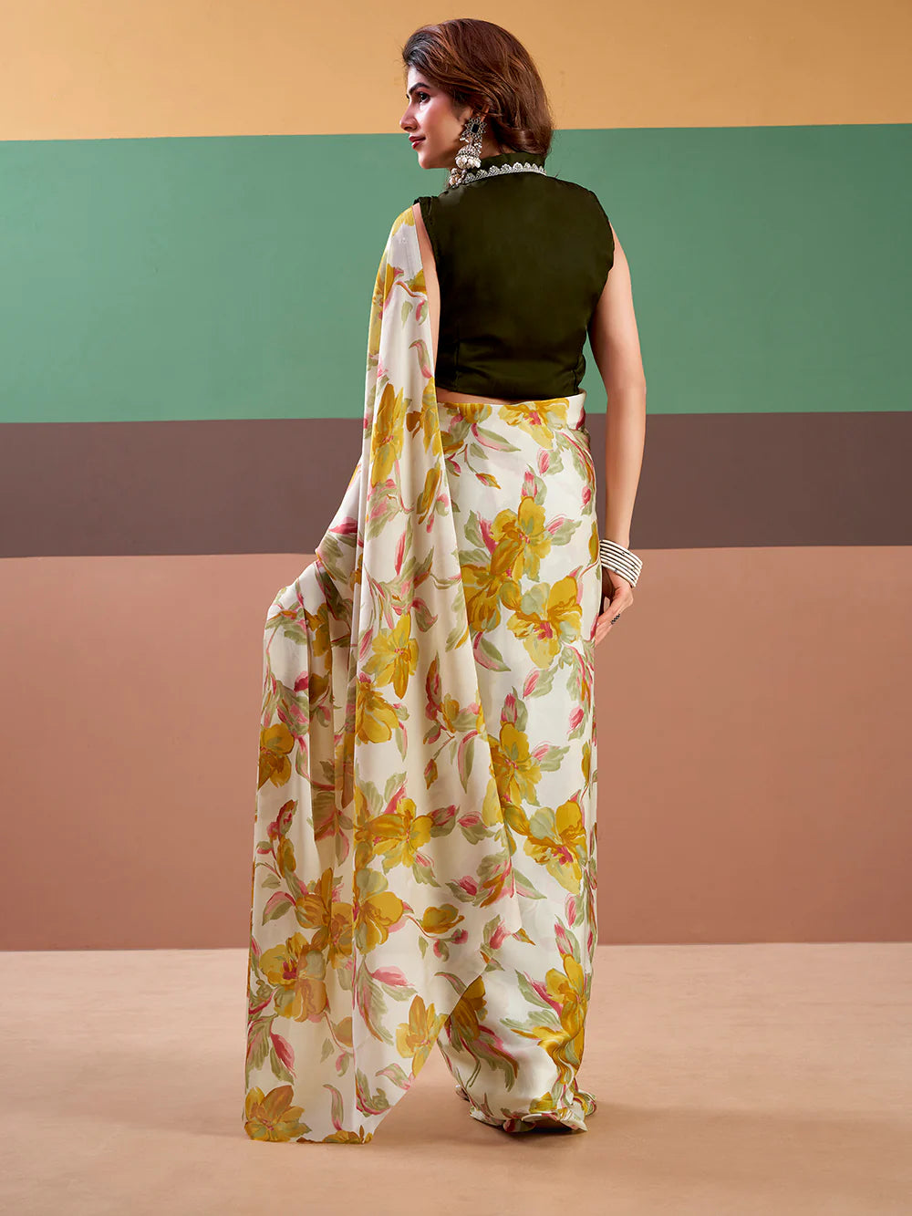 Womenline Yellow Color Floral Print Satin Silk Saree
