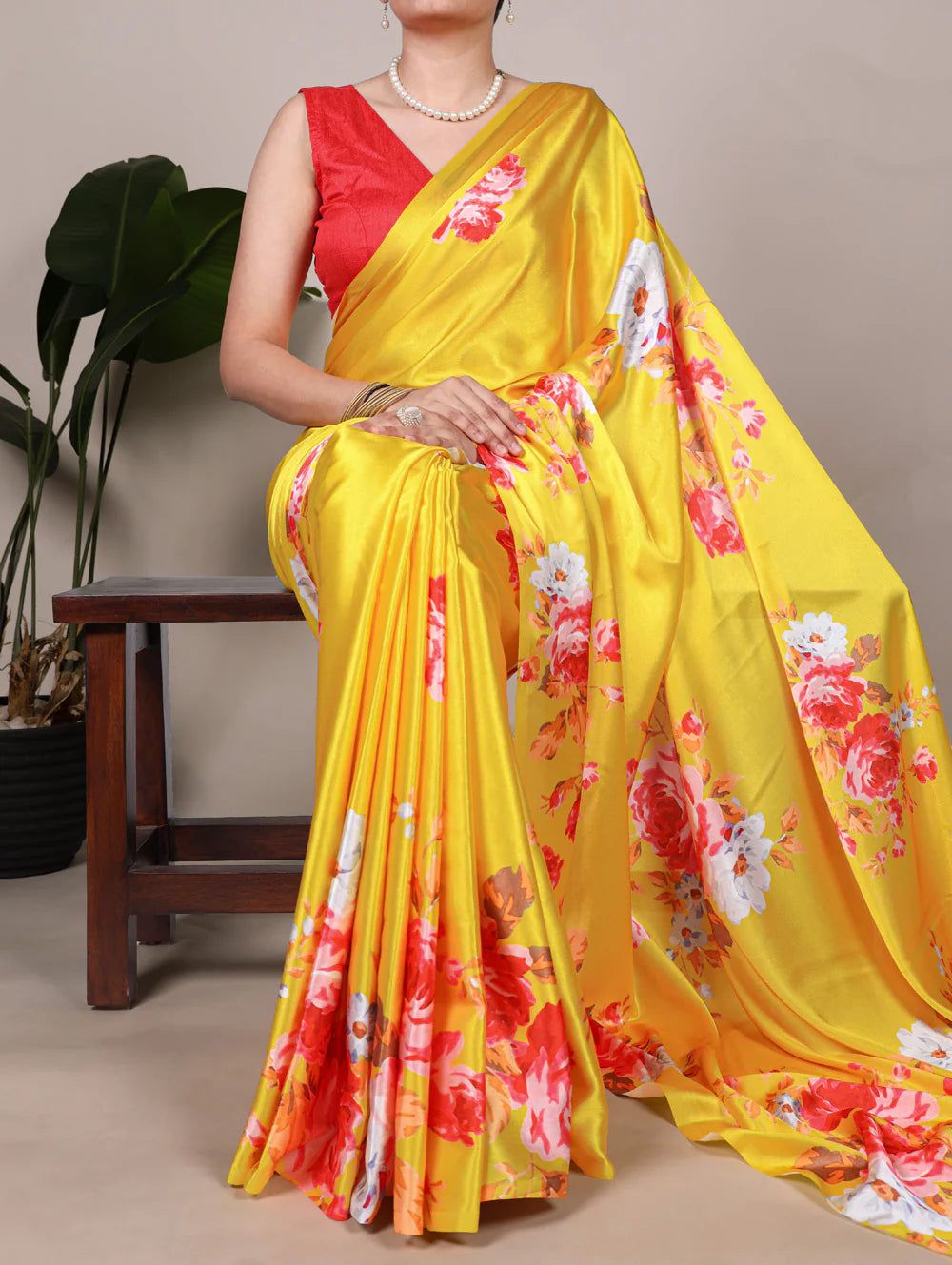 Womenline Vibran Yellow Color Satin Silk Saree